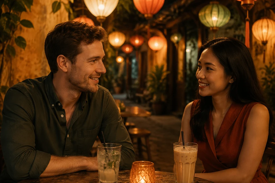 A couple smiling at each other over drinks under lanterns at night
