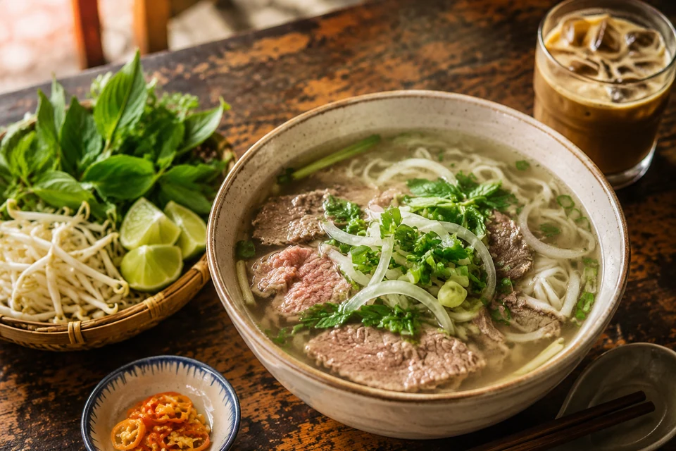 Bowl of Vietnamese beef pho with herbs and iced coffee