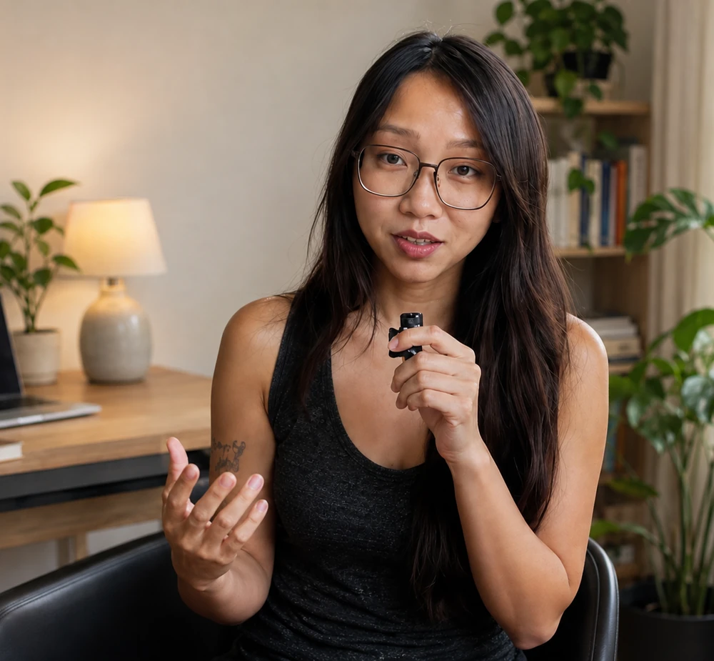 Yen teaching Vietnamese from her desk